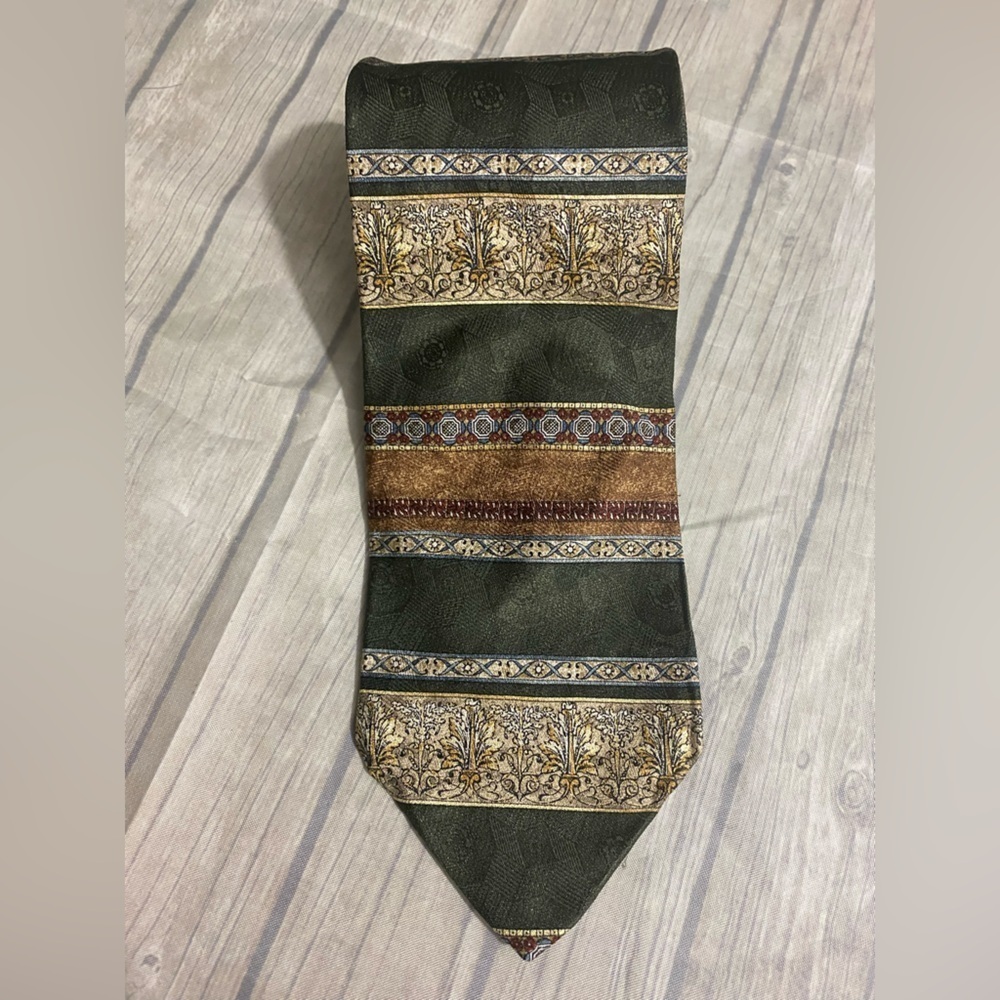 Mark Alexander Tie Mens Striped Olive Green Gold Earth Tone Egyptian Pattern